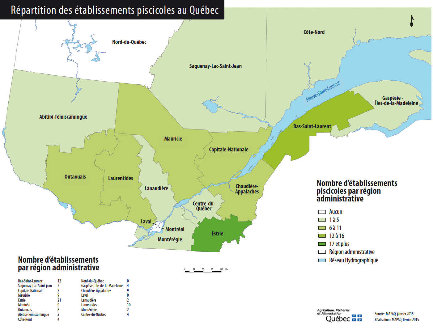 Répartition des pisciculteurs au Québec - Nombre d'établissements par région administrative